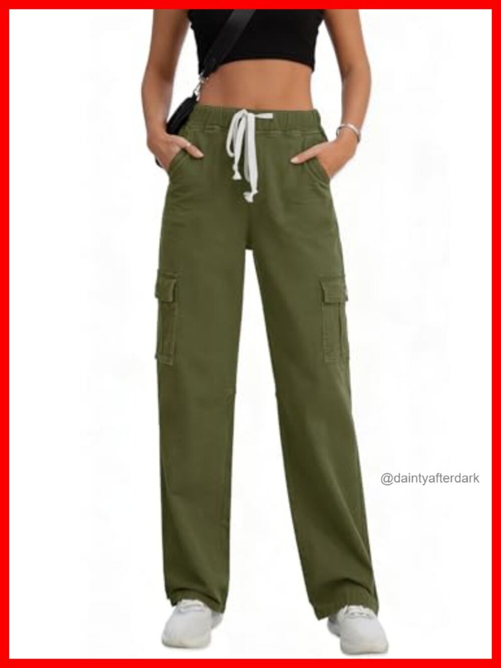 High Waisted Stretch Chino Cargo Pants Drawstring Pull On Trousers